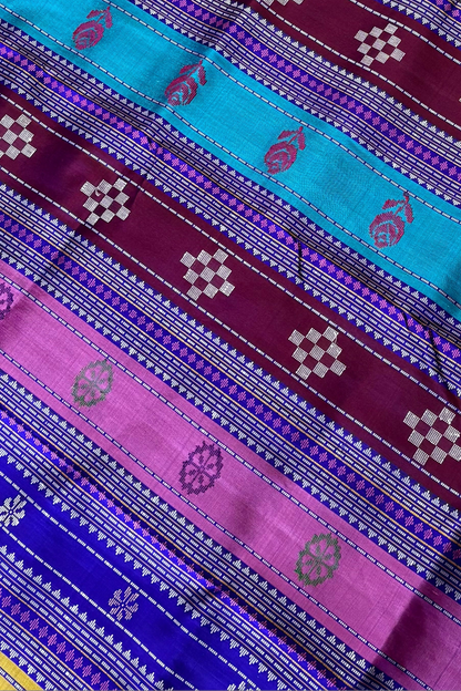 Exclusive Double Pallu Berhampuri Pure Silk Patta Saree - Pink & Purple
