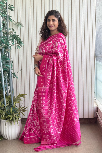 Exclusive Odisha Ikkat Khandua Pure Silk Saree- Pink