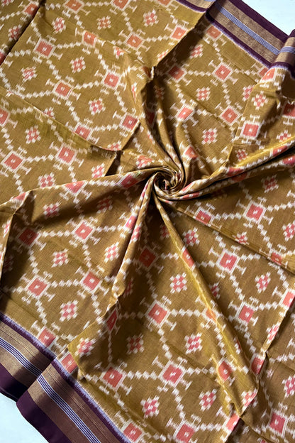 Exclusive Odisha Ikkat Khandua Cotton Saree - Olive Yellow