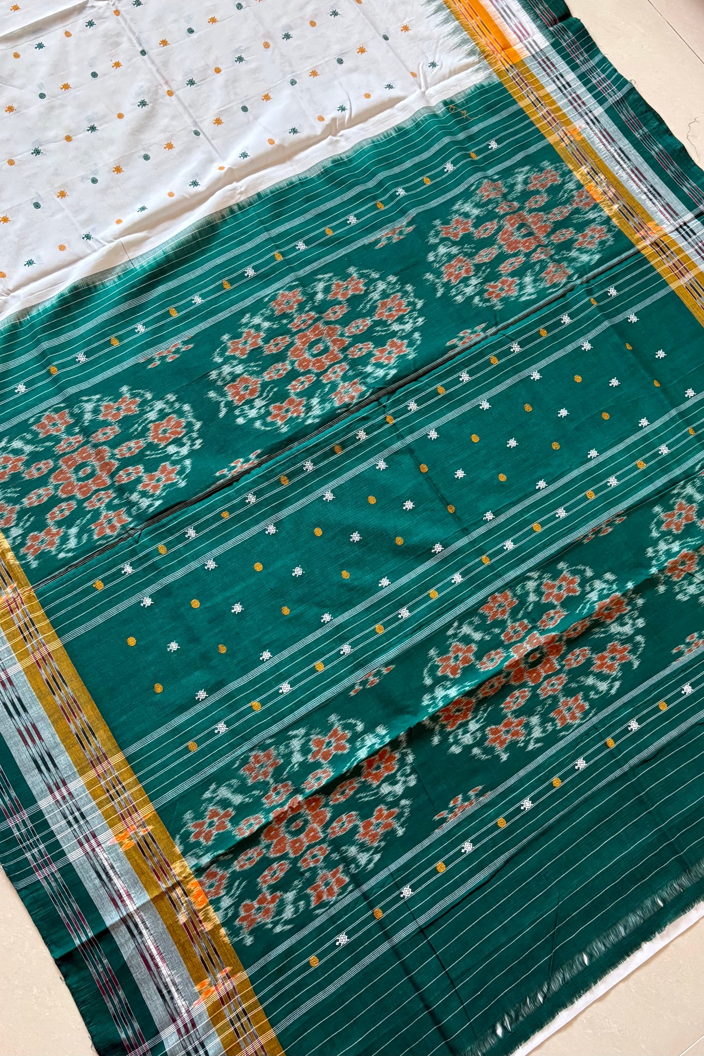 Exclusive  Khandua Cotton Saree - White & Green