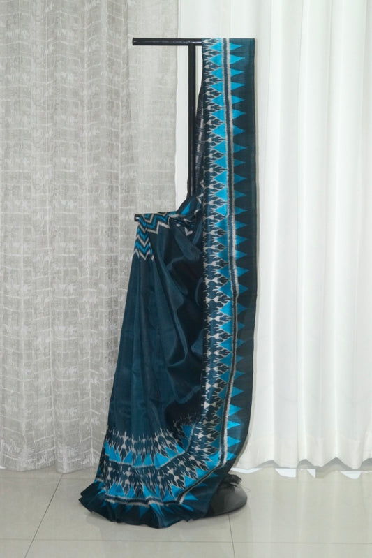 Odisha Ikkat Khandua Pure Silk Saree- Charcoal Blue