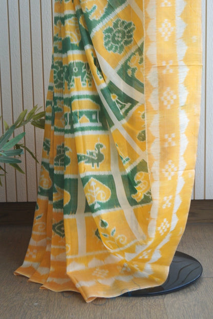Exclusive Odisha Ikkat Nabakothi Pure Silk Saree- Pastel Yellow & Green