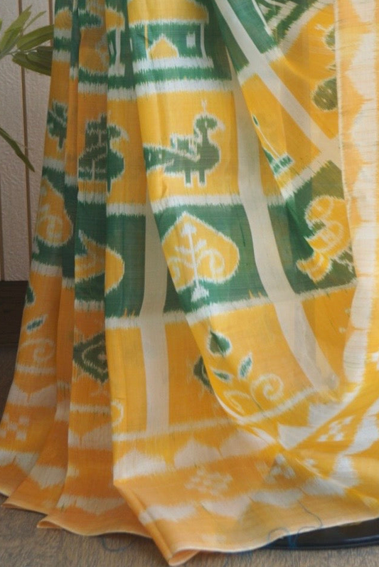 Exclusive Odisha Ikkat Nabakothi Pure Silk Saree- Pastel Yellow & Green
