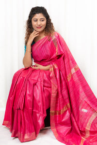 Pure Ghichha Tussar Silk With Zari Border- Fuchsia Pink