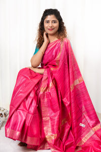 Pure Ghichha Tussar Silk With Zari Border- Fuchsia Pink