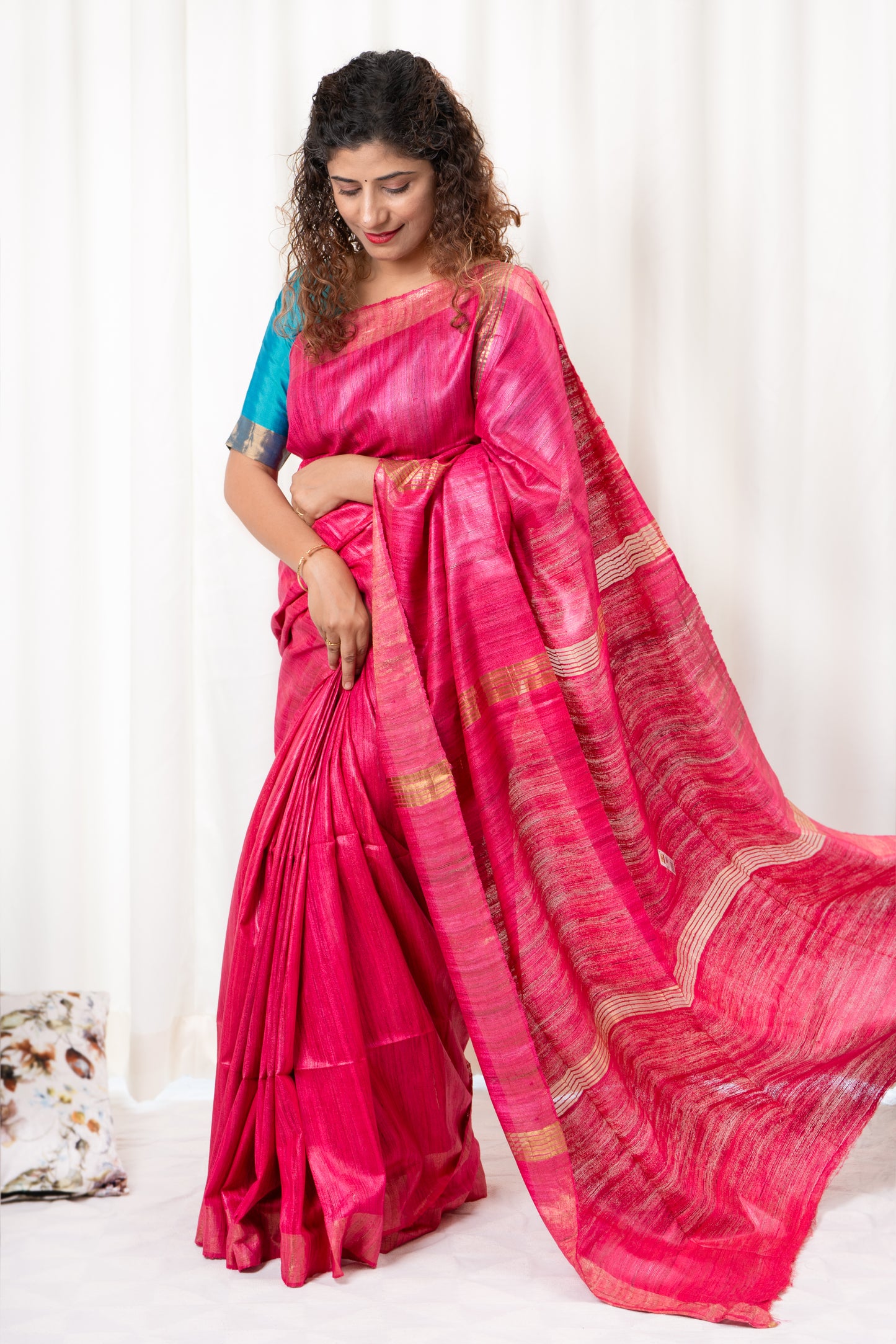 Pure Ghichha Tussar Silk With Zari Border- Fuchsia Pink