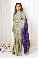 Load image into Gallery viewer, Handwoven Banana Pith Silk Saree- Striped Body Mint
