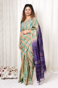 Handwoven Banana Pith Silk Saree- Striped Body Mint