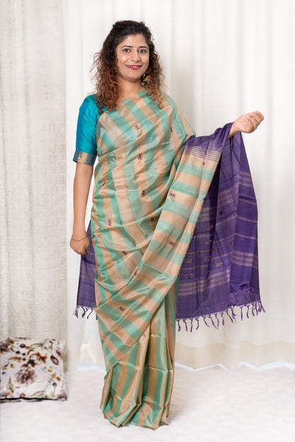 Handwoven Banana Pith Silk Saree- Striped Body Mint