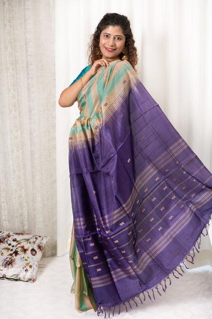 Handwoven Banana Pith Silk Saree- Striped Body Mint