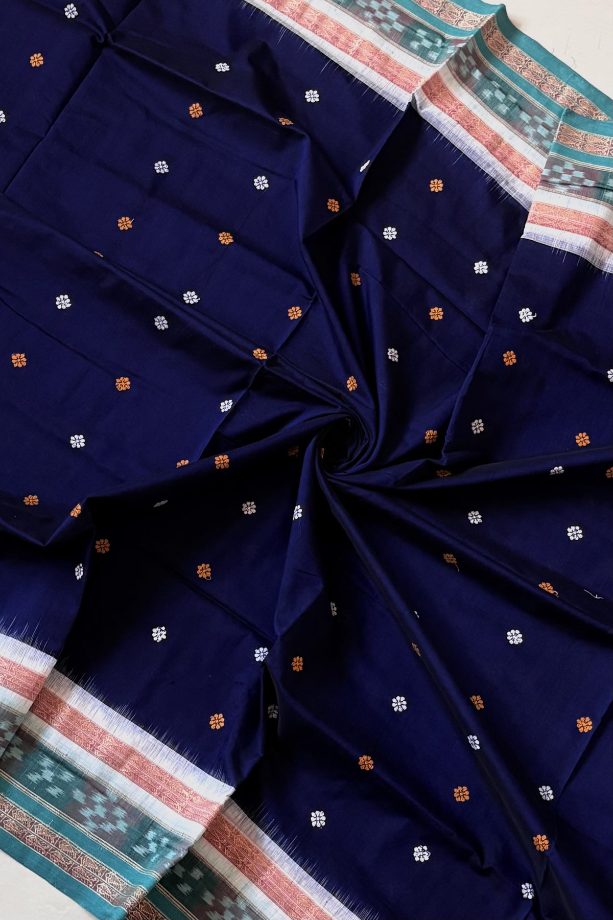 Sambalpuri Pure Cotton Saree - Navy & Sea Green