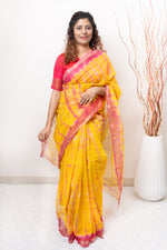 Load image into Gallery viewer, Pure Kota Cotton Hand Tie and Dye Shibori Saree- Yellow-Pink
