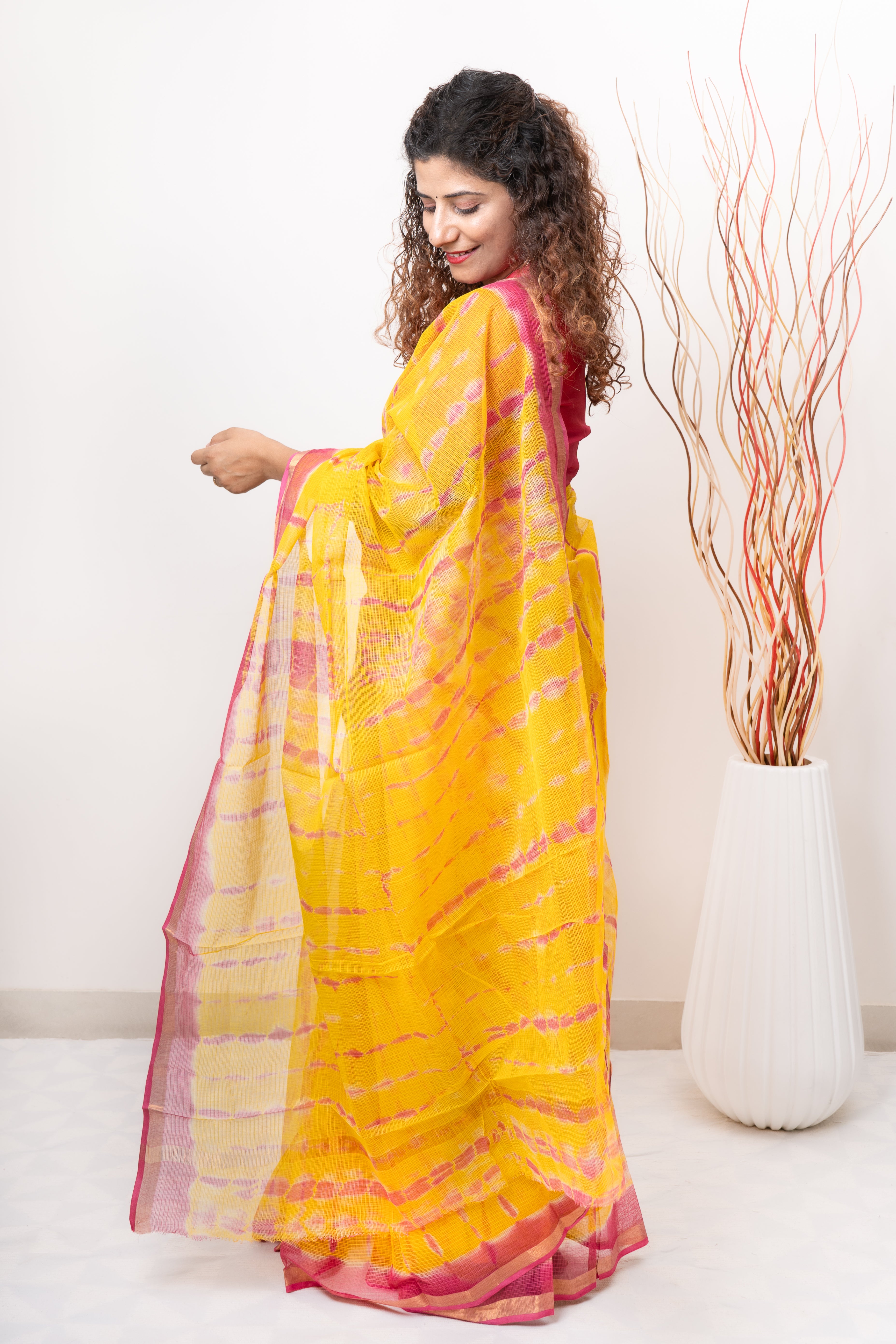 Pure Kota Cotton Hand Tie and Dye Shibori Saree- Yellow-Pink