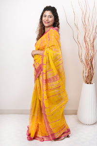 Pure Kota Cotton Hand Tie and Dye Shibori Saree- Yellow-Pink