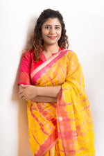 Load image into Gallery viewer, Pure Kota Cotton Hand Tie and Dye Shibori Saree- Yellow-Pink
