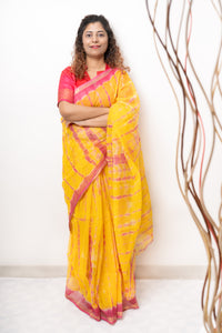 Pure Kota Cotton Hand Tie and Dye Shibori Saree- Yellow-Pink