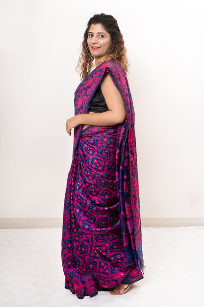 Blended Resham Jamdani- Navy Blue-Pink