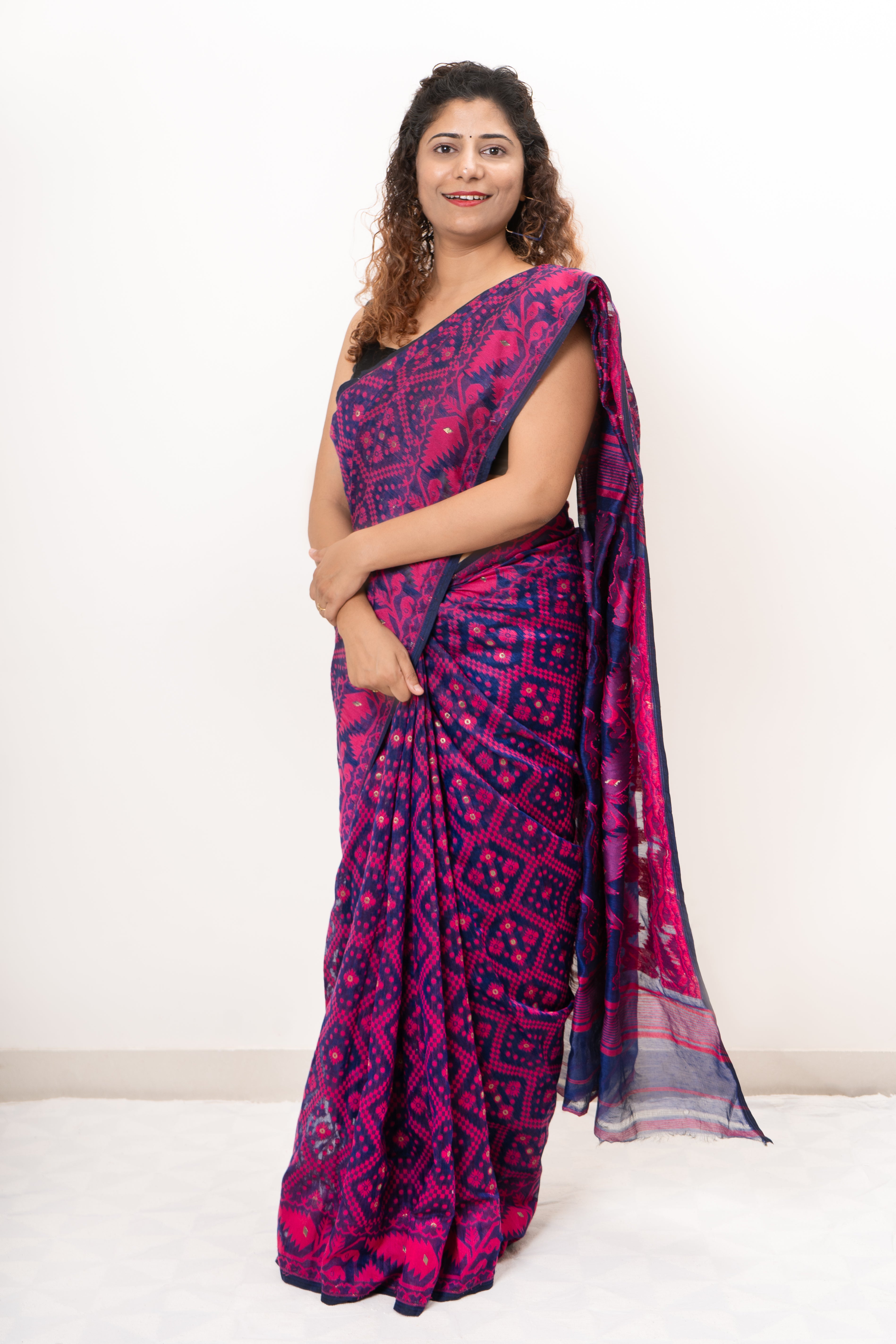 Blended Resham Jamdani- Navy Blue-Pink