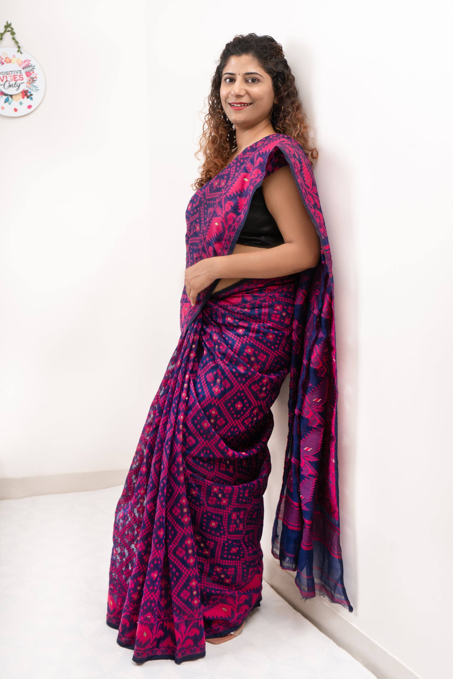 Blended Resham Jamdani- Navy Blue-Pink