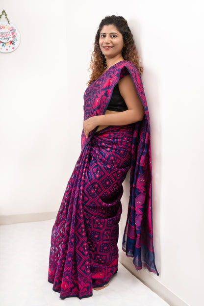 Blended Resham Jamdani- Navy Blue-Pink