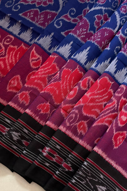 Odisha Ikkat Khandua Cotton Saree - Deep Navy Blue