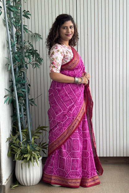 Odisha Ikkat Khandua Cotton Saree- Mauve Pink