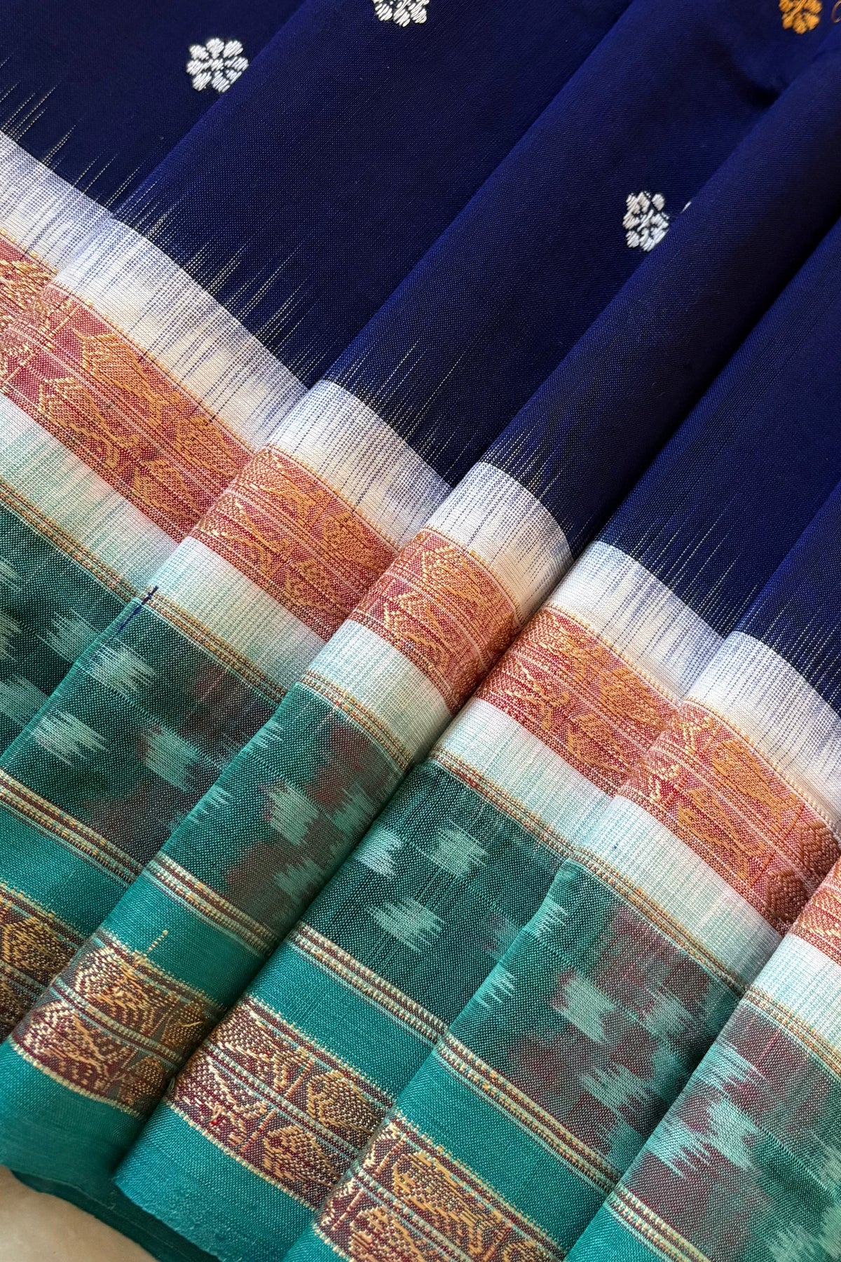 Sambalpuri Pure Cotton Saree - Navy & Sea Green
