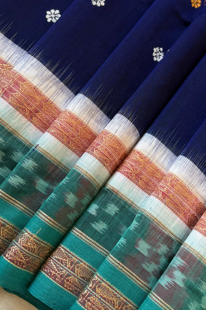 Sambalpuri Pure Cotton Saree - Navy & Sea Green