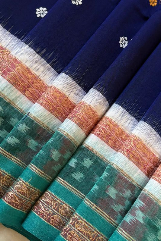 Sambalpuri Pure Cotton Saree - Navy & Sea Green