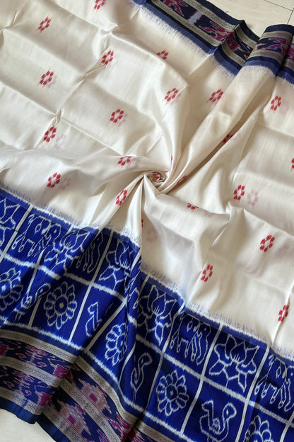 Exclusive Odisha Ikkat Nuapatna Silk Saree - White-Navy Blue
