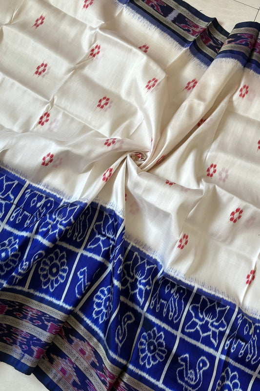 Exclusive Odisha Ikkat Nuapatna Silk Saree - White-Navy Blue
