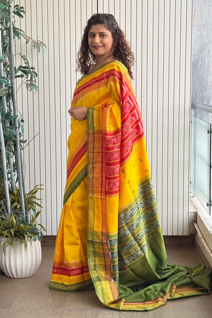 Exclusive Kathifera Odisha Ikkat Khandua Silk Saree - Yellow