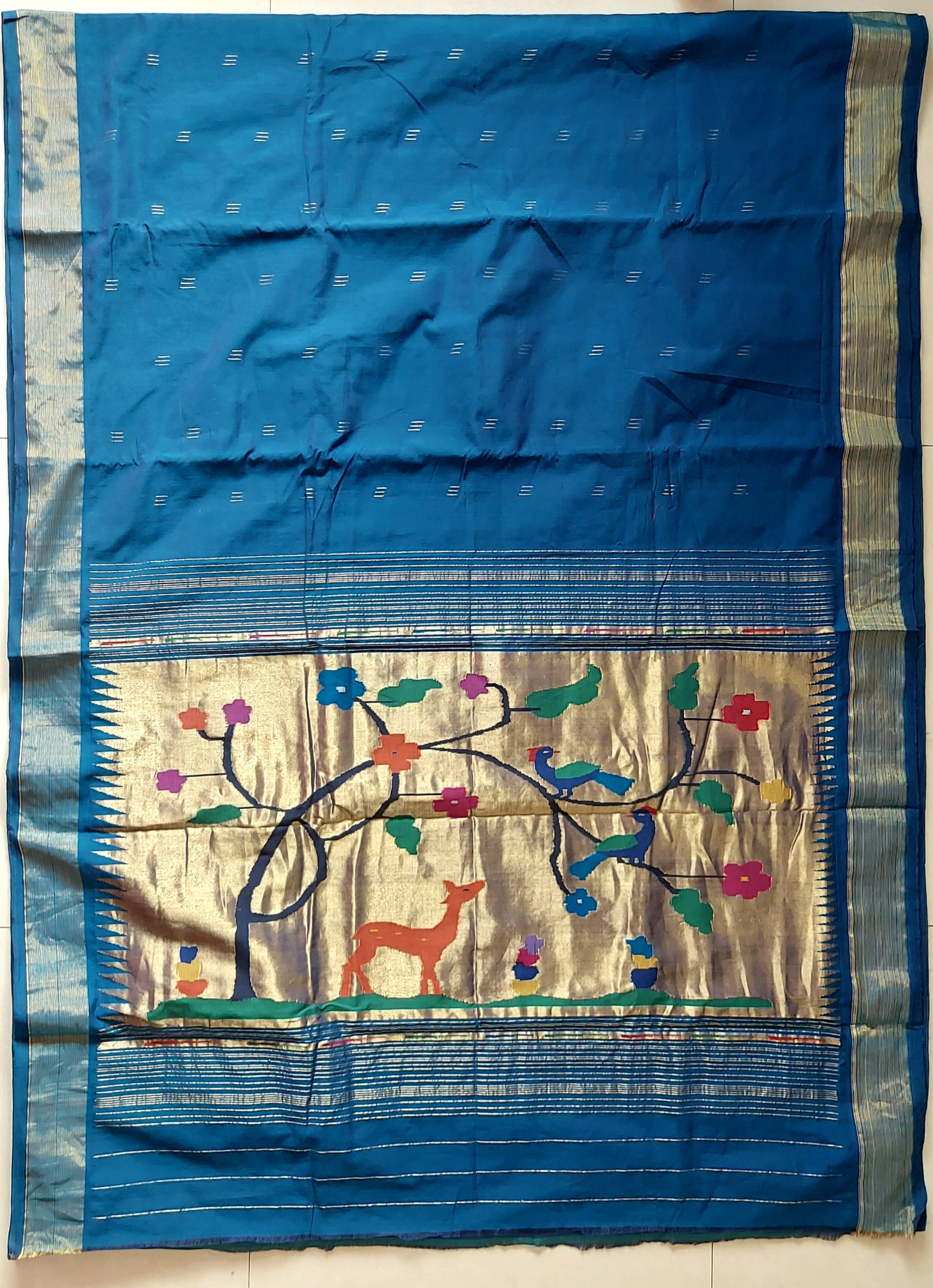 Cotton Paithani Saree With Deer Pallu- Blue