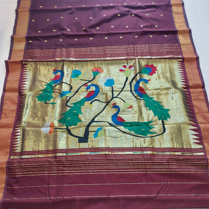 Cotton Paithani Saree With Peacock Pallu- Dark Maroon