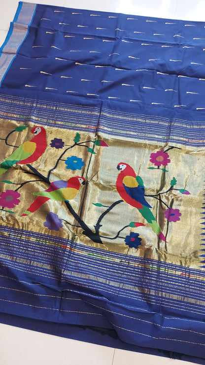 Cotton Paithani Saree With Parrot Pallu-Ink Blue