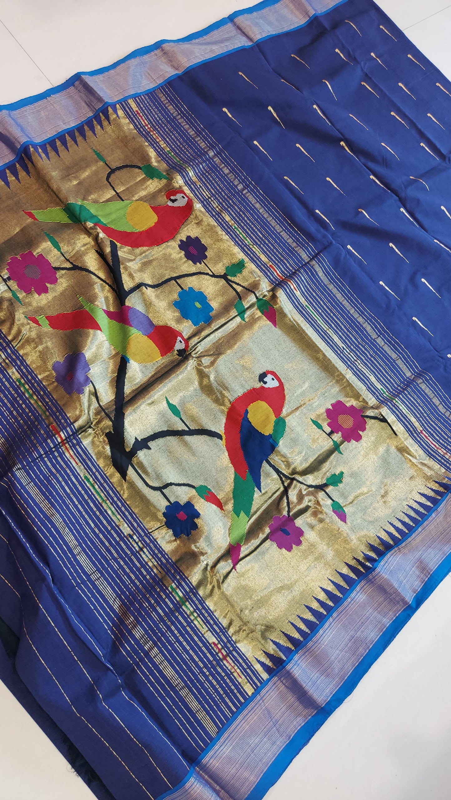 Cotton Paithani Saree With Parrot Pallu-Ink Blue