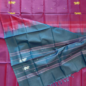 Handwoven Banana Pith Silk Saree- Shot Wine & Teal