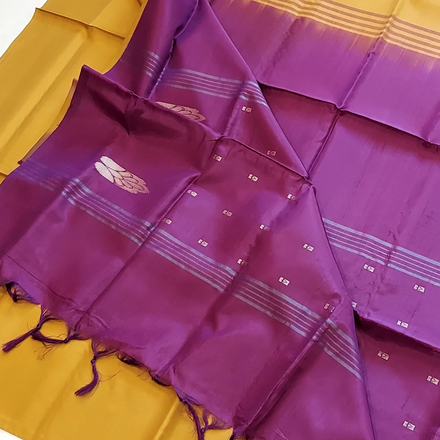 Handwoven Banana Pith Silk Saree- Mustard & Burgundy