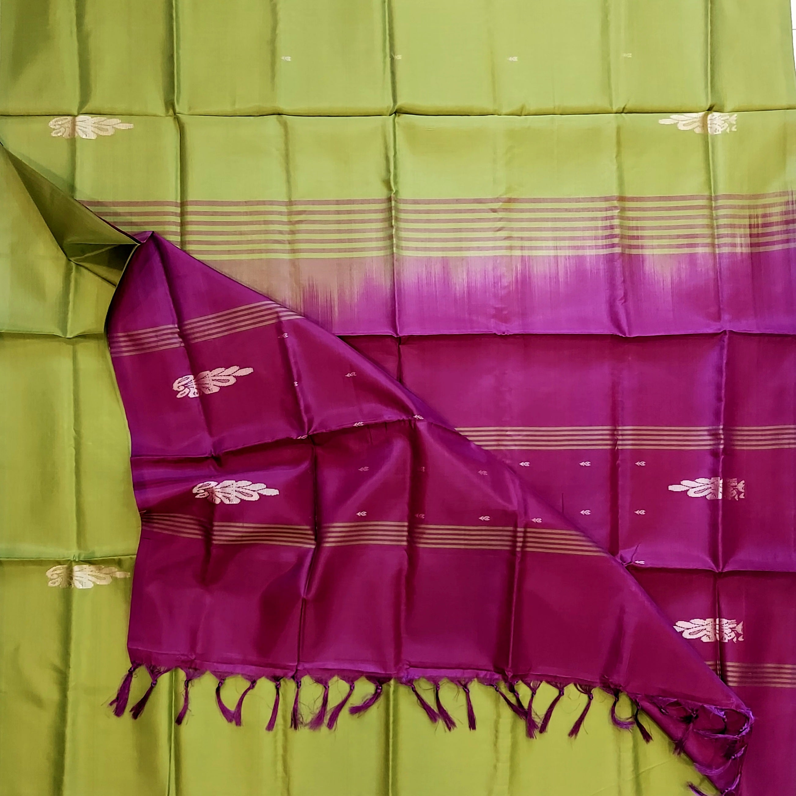 Handwoven Banana Pith Silk Saree- Green & Burgundy