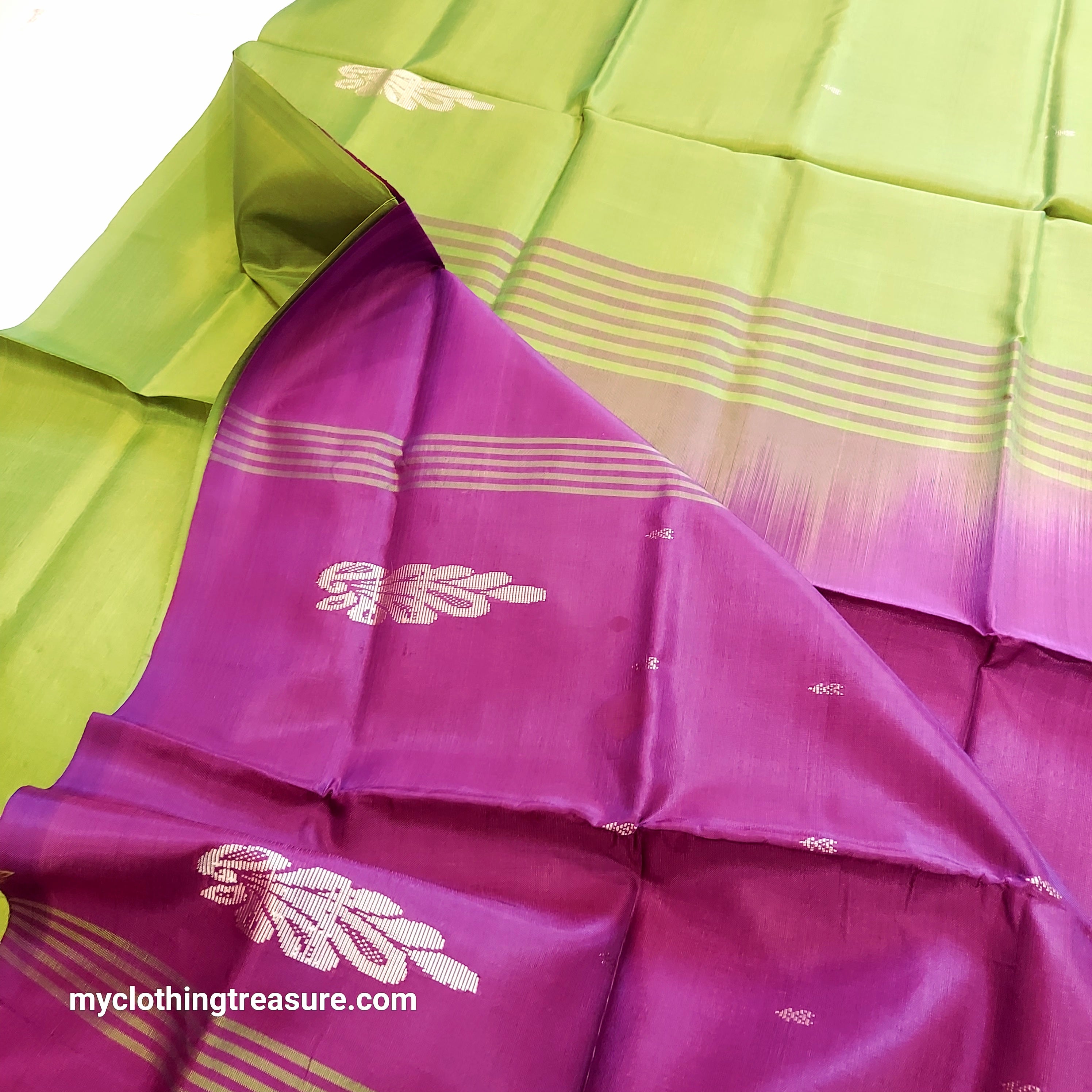 Handwoven Banana Pith Silk Saree- Green & Burgundy