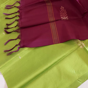 Handwoven Banana Pith Silk Saree- Green & Wine