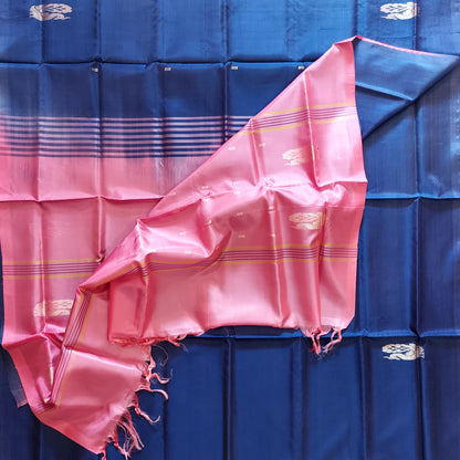 Handwoven Banana Pith Silk Saree- Navy Blue & Pink