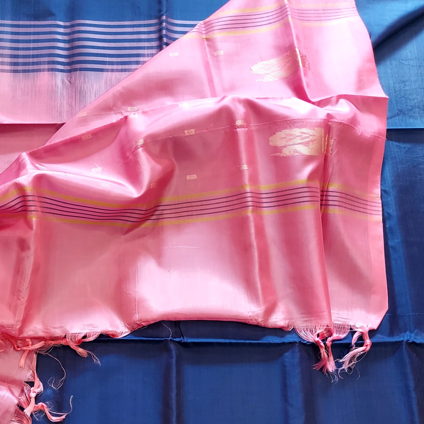 Handwoven Banana Pith Silk Saree- Navy Blue & Pink