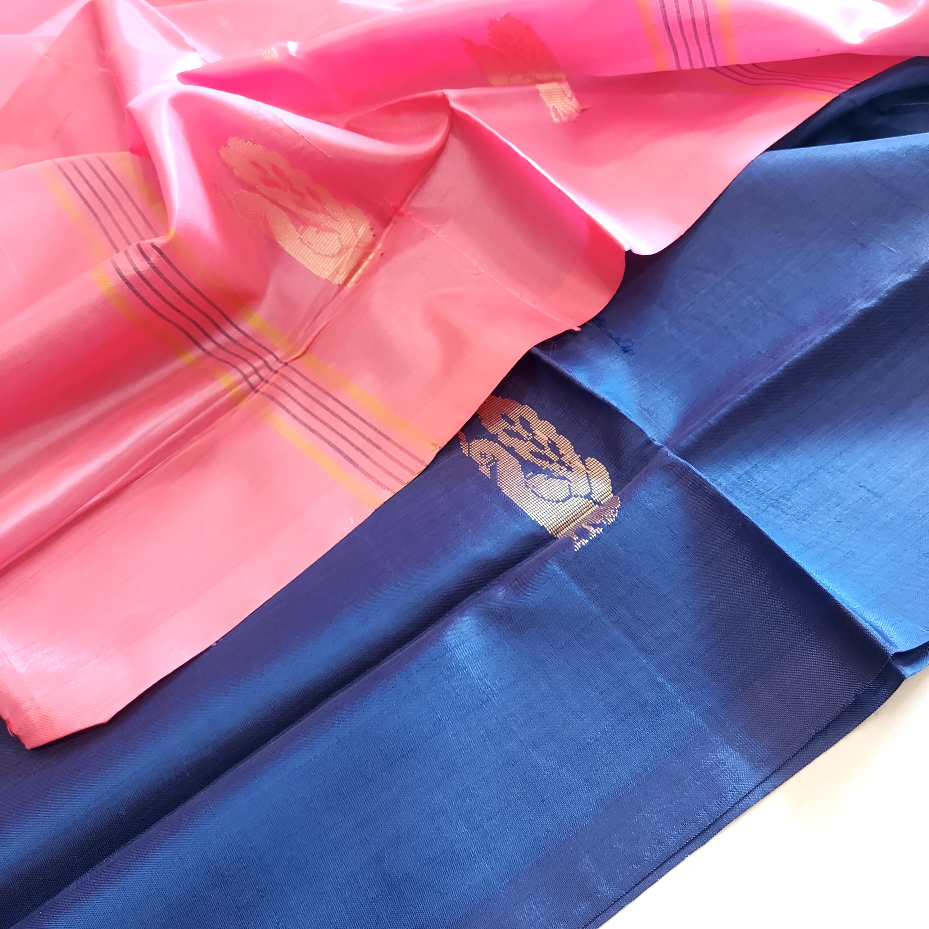 Handwoven Banana Pith Silk Saree- Navy Blue & Pink