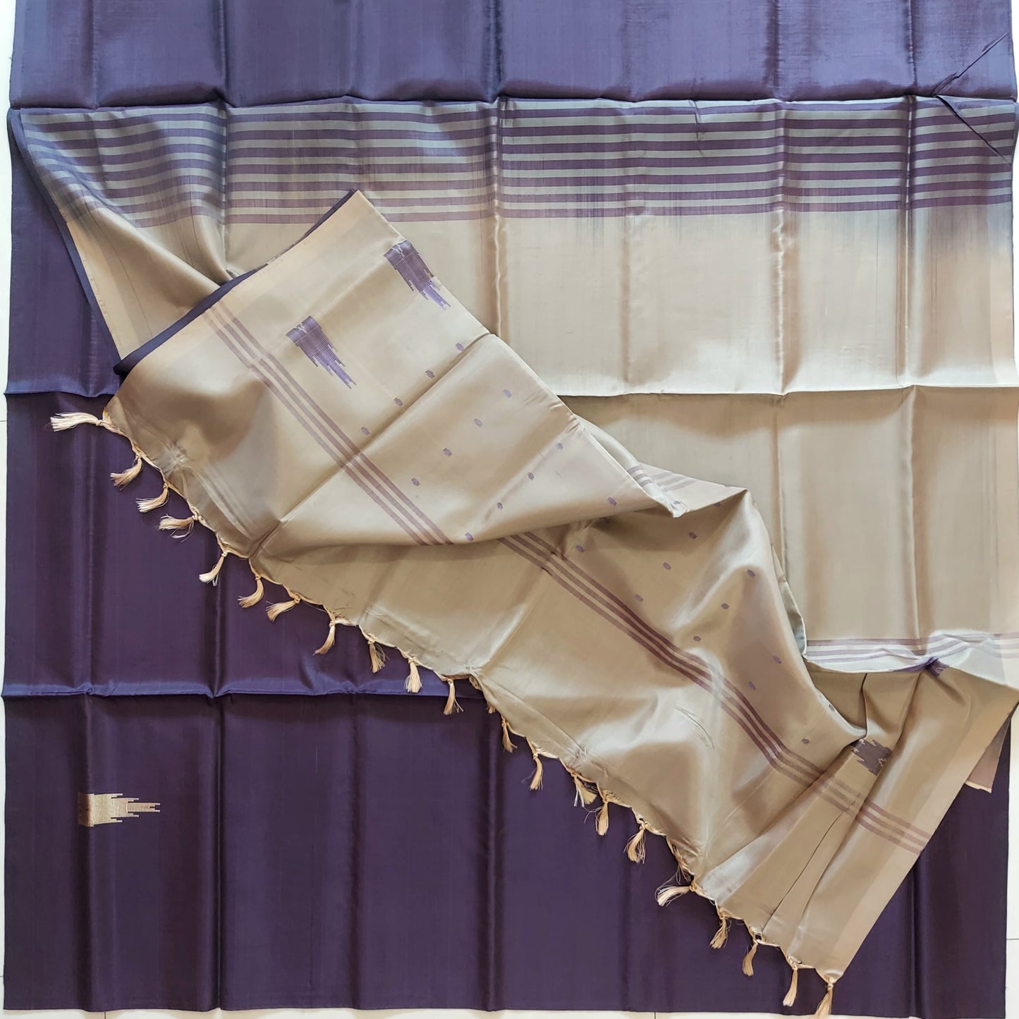 Handwoven Banana Pith Silk Saree- Shot Purple & Tussar