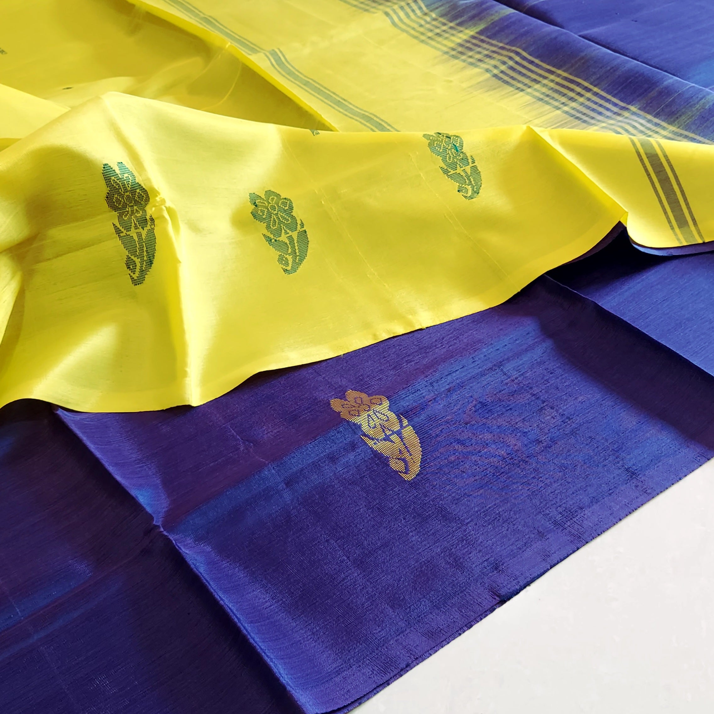 Handwoven Banana Pith Silk Saree- Purple-Blue & Yellow