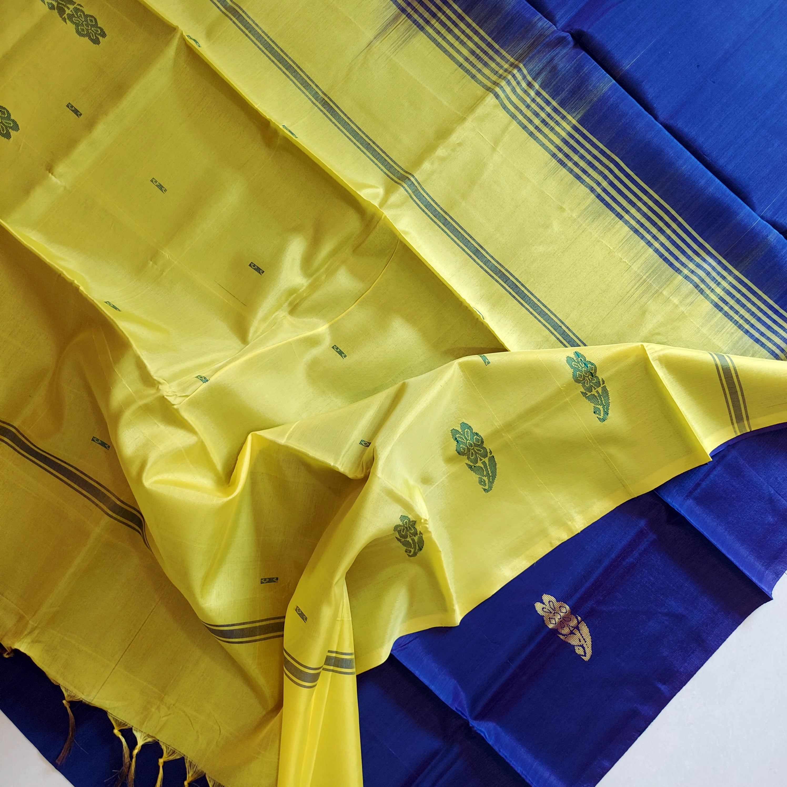 Handwoven Banana Pith Silk Saree- Purple-Blue & Yellow