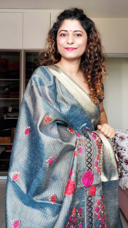 Embroidered Tissue Kota Saree-Greyish Blue