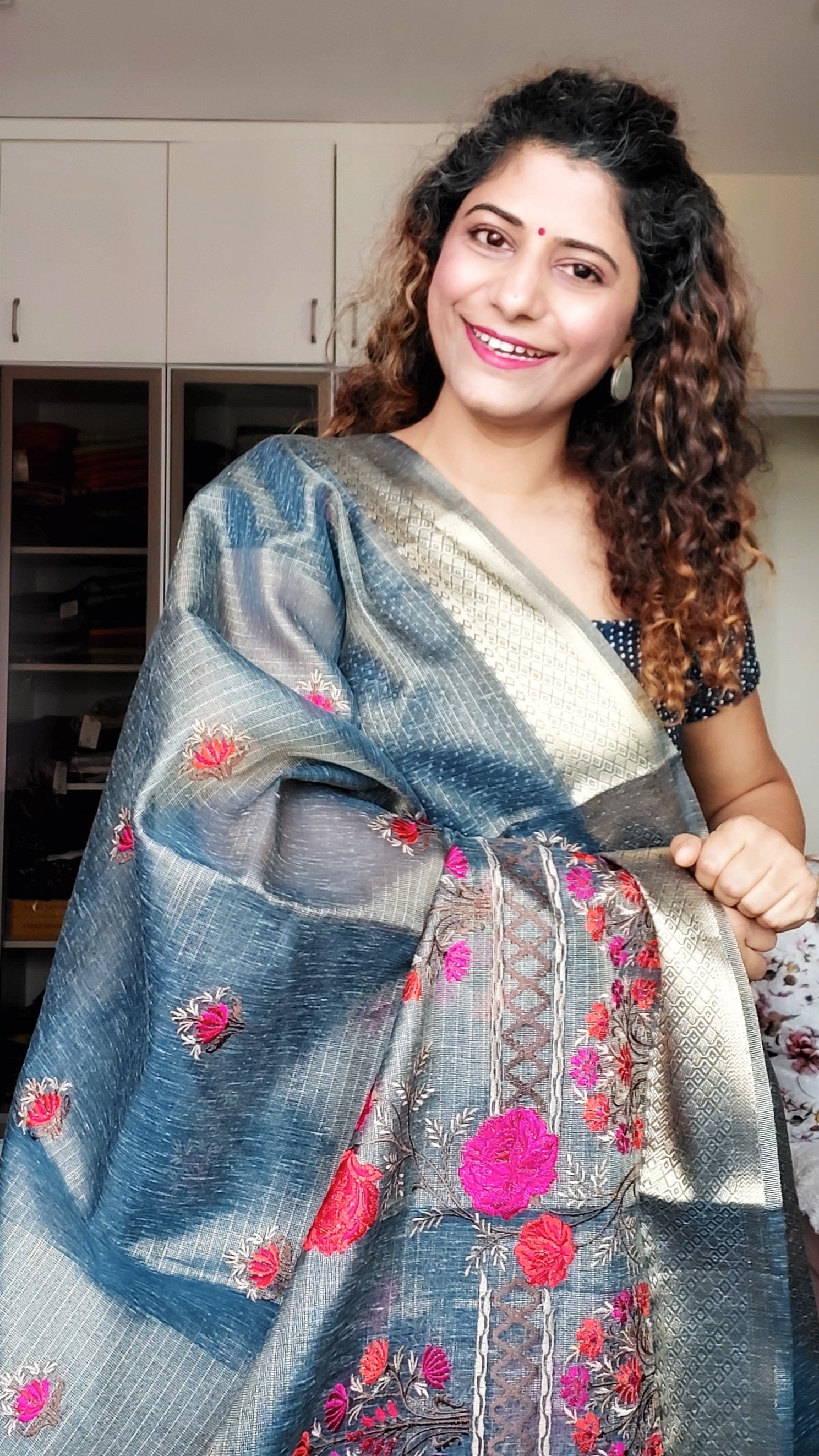 Embroidered Tissue Kota Saree-Greyish Blue