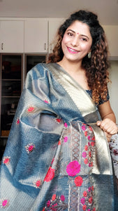 Embroidered Tissue Kota Saree-Greyish Blue